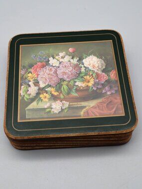 6 Vintage Pimpernel Cork Backed Celluloid Coasters Romantic Rose Botanical